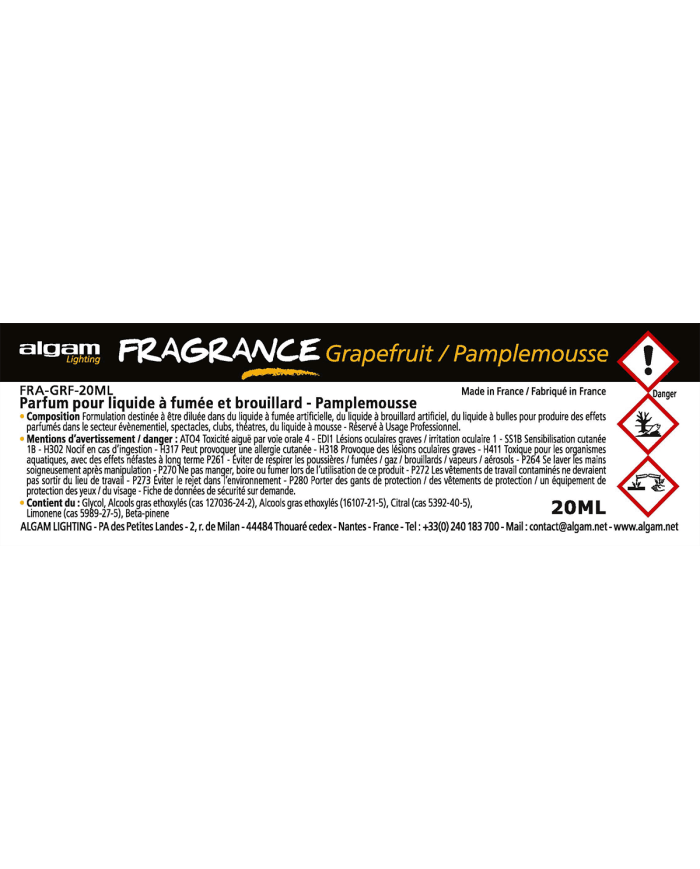 ALGAM LIGHTING - FRA-GRF-20ML - PARFUM POUR MACHINE A FUMER - PAMPLEMOUSSE - 20ML