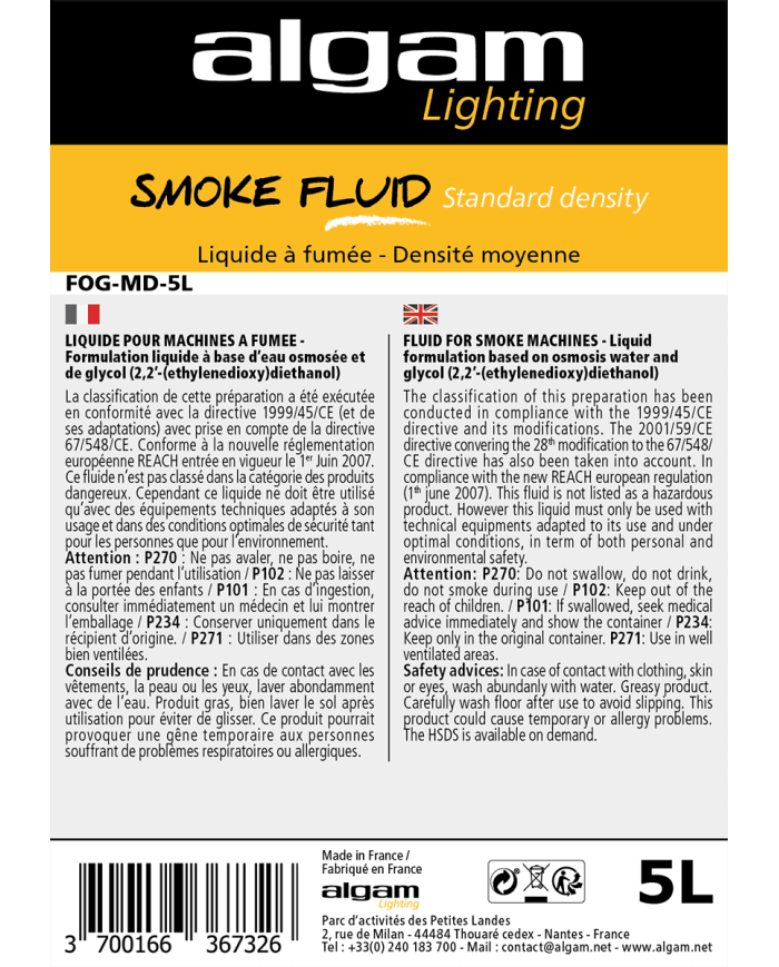 ALGAM LIGHTING - FOG-MD-5L - LIQUIDE À FUMÉE - MOYENNE DENSITE - 5L