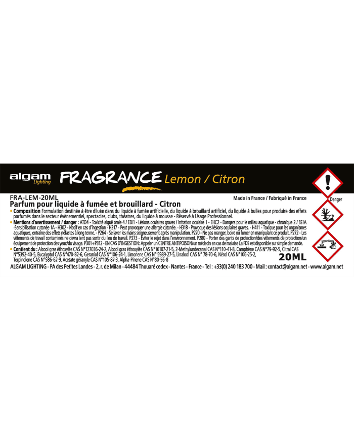 ALGAM LIGHTING - FRA-LEM-20ML - PARFUM POUR LIQUIDE À FUMÉE ET BROUILLARD - CITRON