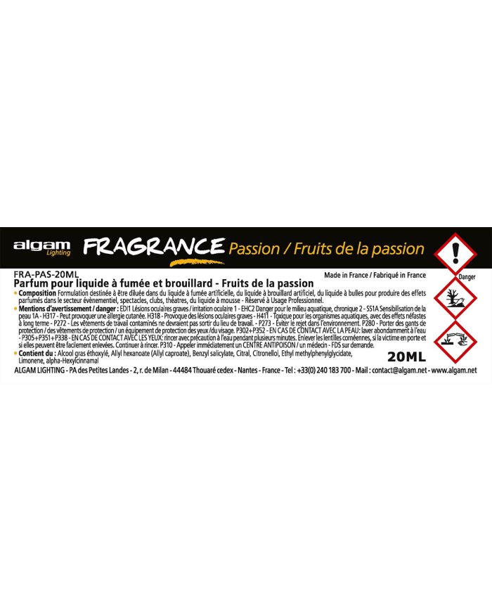 ALGAM LIGHTING - FRA-PAS-20ML - PARFUM POUR LIQUIDE À FUMÉE ET BROUILLARD - FRUIT DE LA PASSION