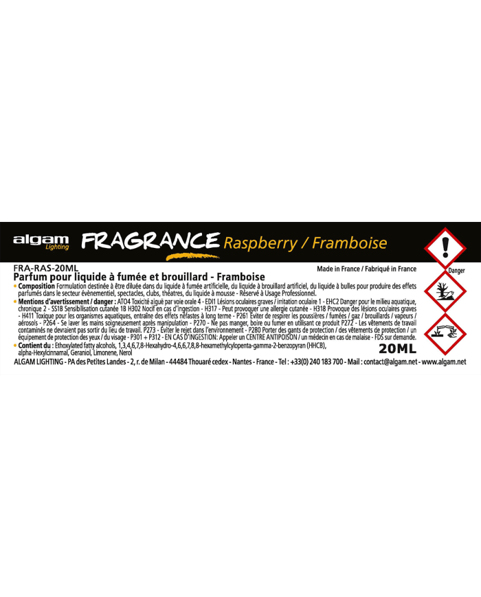ALGAM LIGHTING - FRA-RAS-20ML - PARFUM POUR LIQUIDE À FUMÉE ET BROUILLARD - FRAMBOISE